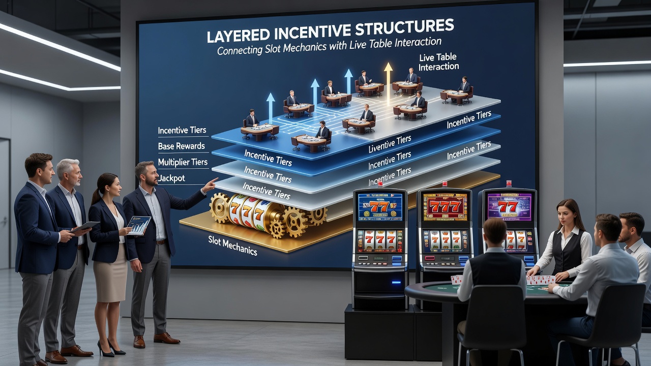 Diagram van hoe beloningslagen slotmechanics integreren met live tafel sessies op smartphones